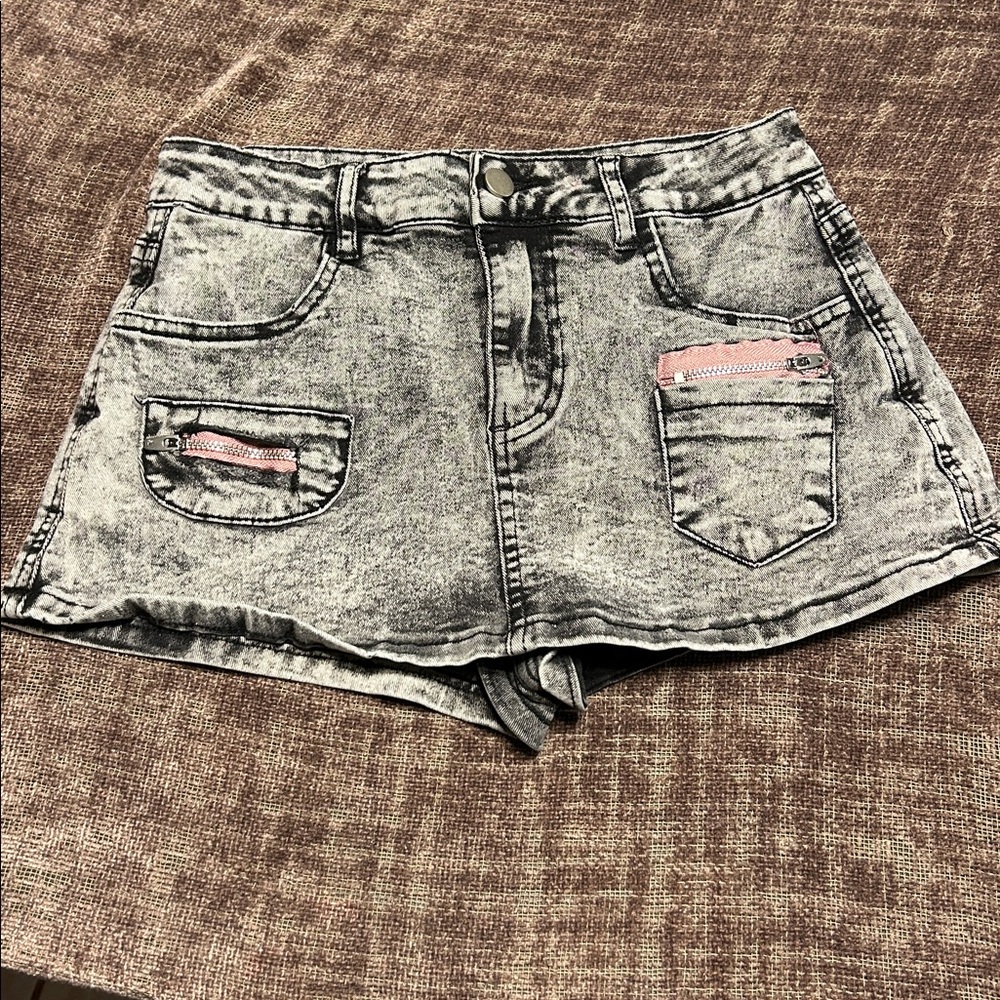 Women's Gray Denim Shorts with Pink Accents - Picture 1 of 7